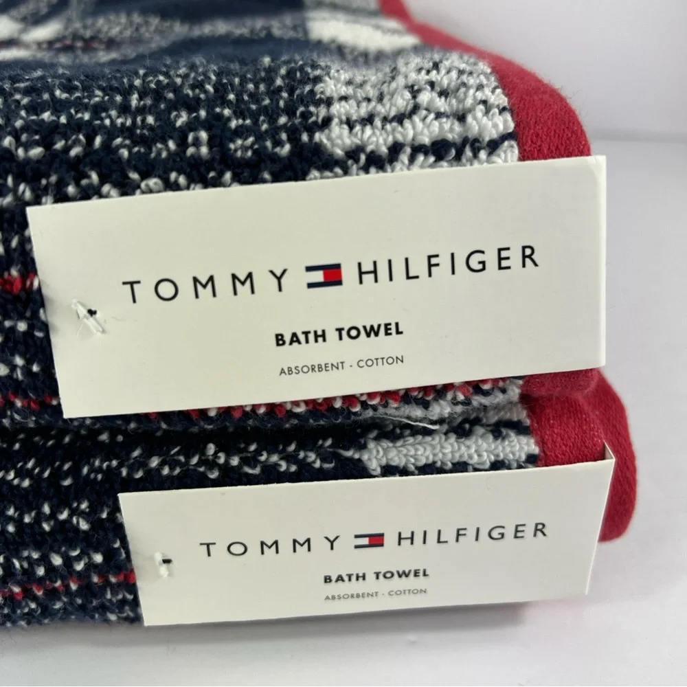 Tommy Hilfiger 2 pc Bath Towel Set Madras Plaid Blue White Red Soft Cotton NEW